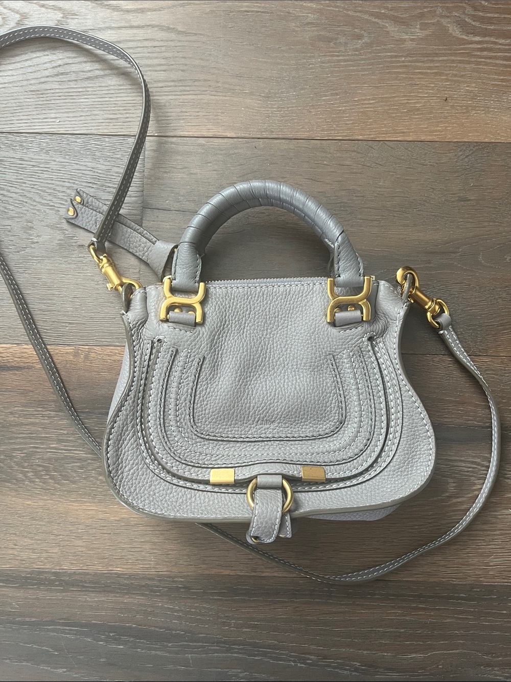 Chloe Gray Mini Marcie Leather Top-Handle Crossbody with Gold Hardware